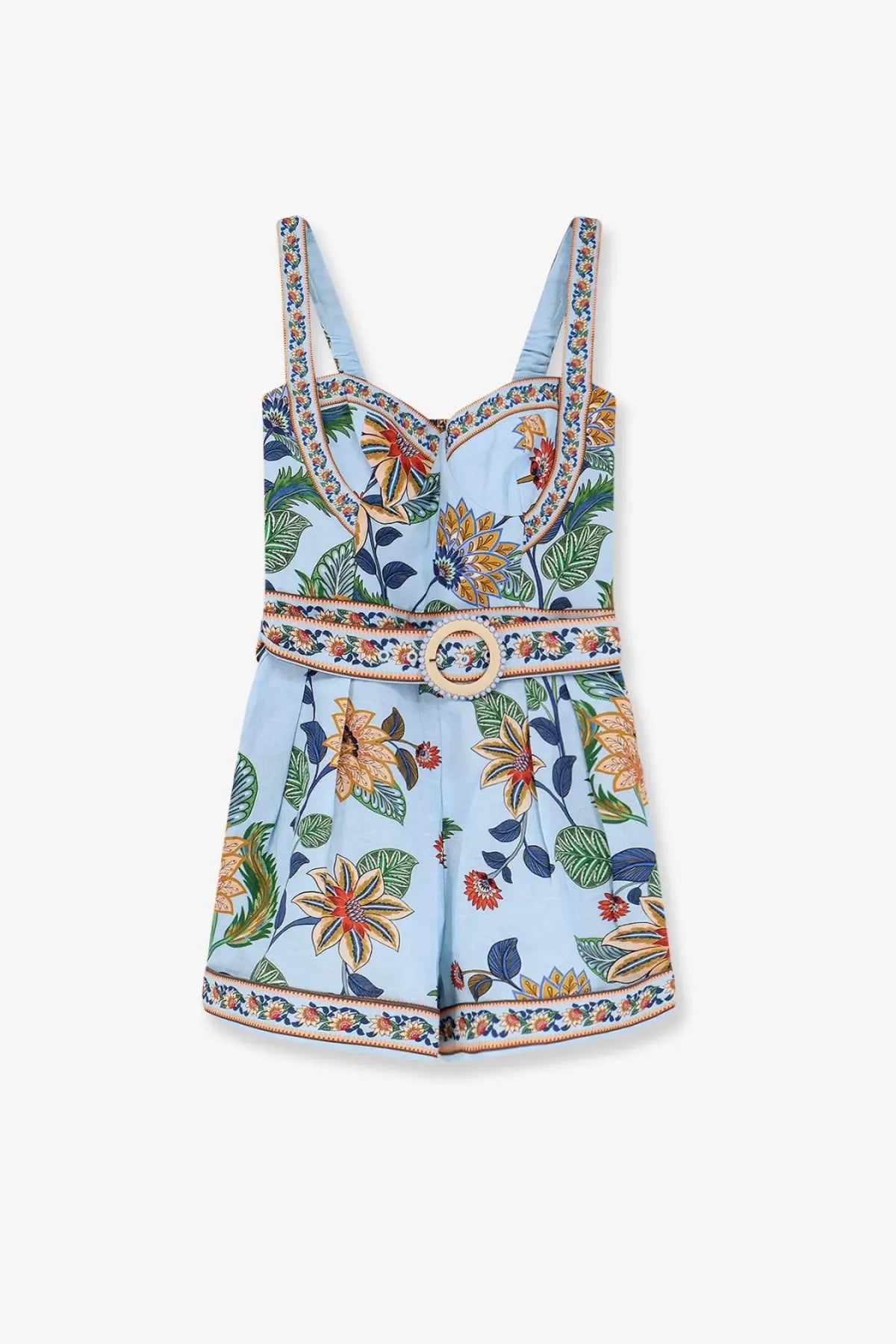 Farm rio women’s linen jumpsuit blue with light blue floral print embroidered trim and decorative belt buckle