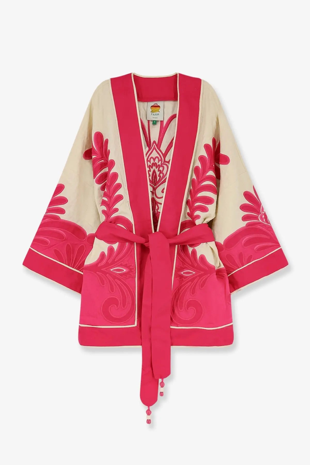 Farm rio women’s linen and viscose blend kimono blue with vibrant pink and cream floral embroidery and matching belt