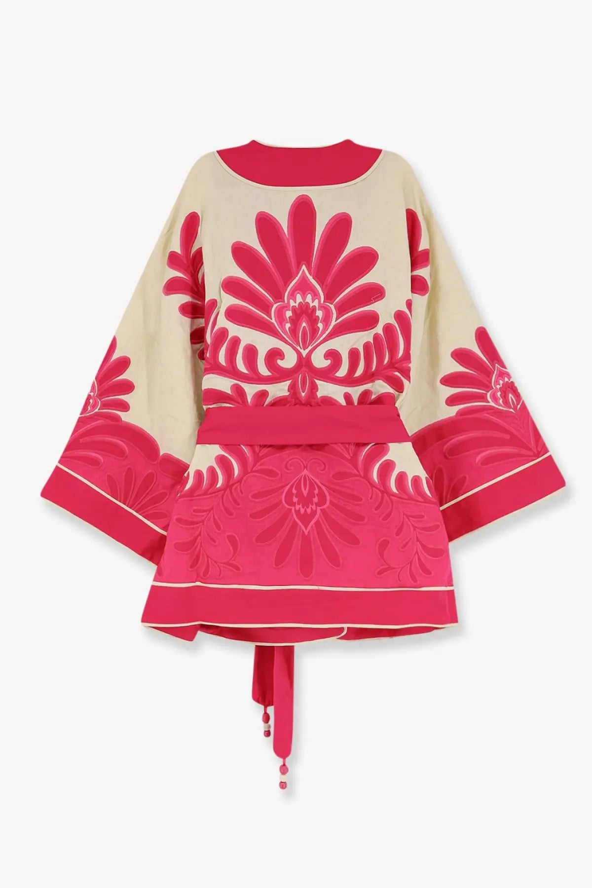 Farm rio women’s linen and viscose blend kimono top in vibrant pink and cream with bold floral embroidery and belt