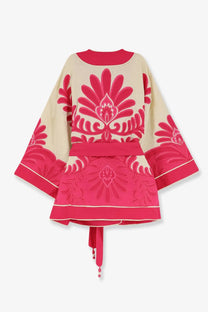 Farm rio women’s linen and viscose blend kimono top in vibrant pink and cream with embroidered floral pattern and wide sleeves