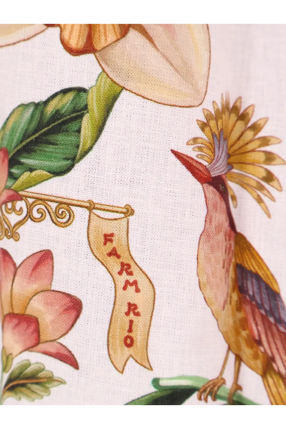 Farm rio women’s linen and viscose beige shirt with vibrant colorful bird and floral illustration on decorative fabric
