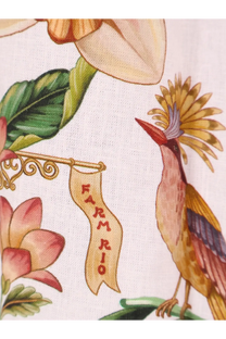 Farm rio women’s linen and viscose beige shirt with vibrant colorful bird and floral illustration on decorative fabric