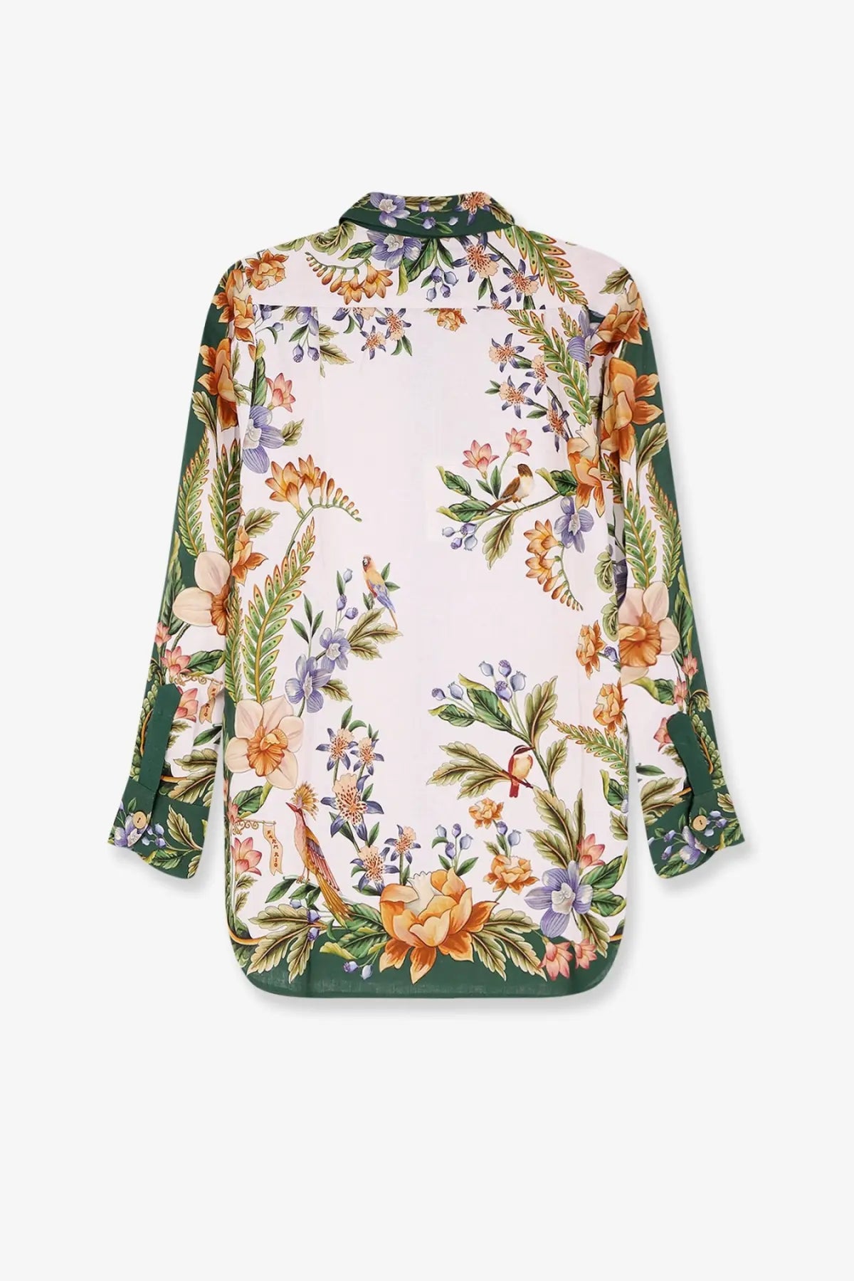 Farm rio women’s beige linen and viscose long-sleeved blouse with vibrant orange purple green floral and bird print