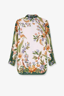 Farm rio women’s beige linen and viscose long-sleeved blouse with vibrant orange purple green floral and bird print
