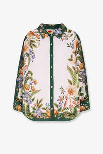 Farm Rio women’s long-sleeved linen and viscose blouse with vibrant orange purple green floral pattern on beige