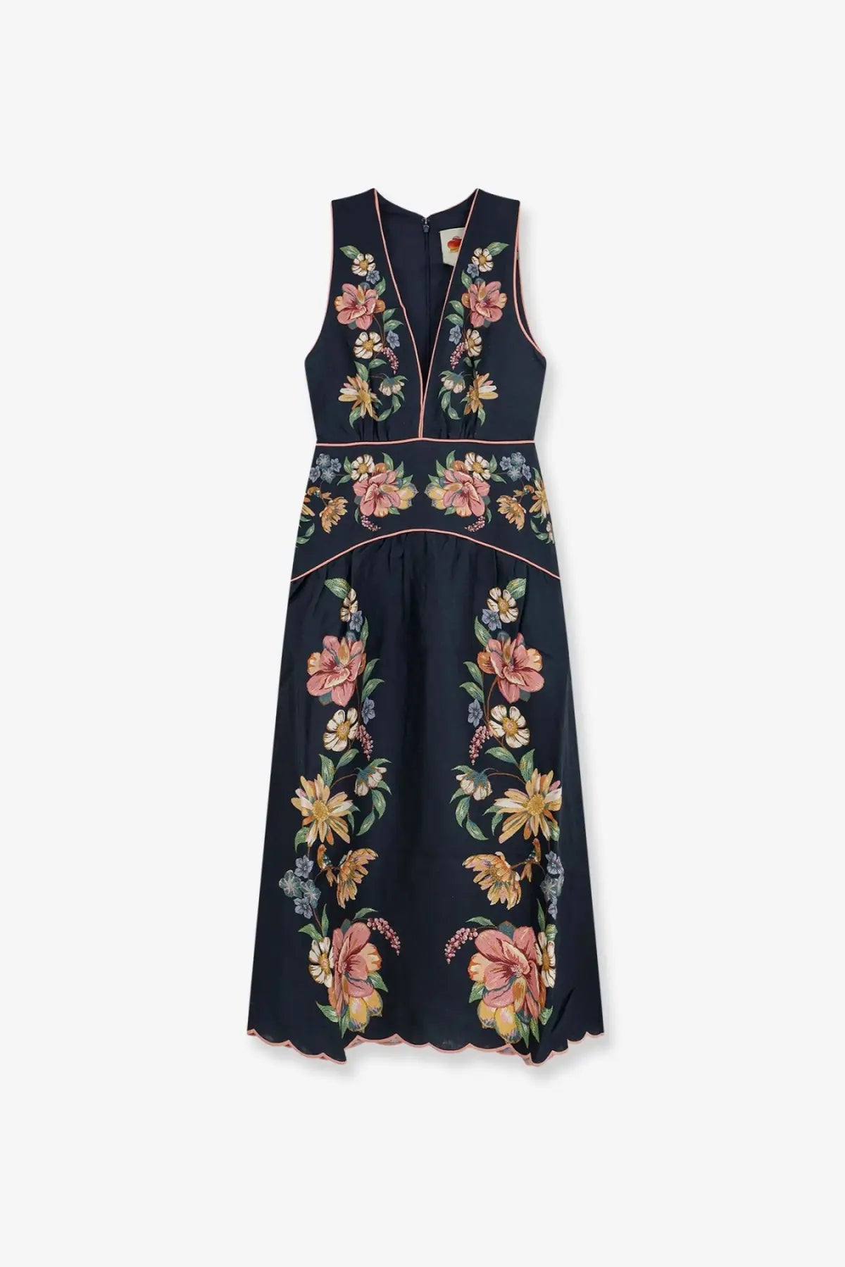 Farm Rio women’s Maira long linen dress blue navy sleeveless midi with pink peach yellow floral embroidery and green leaves