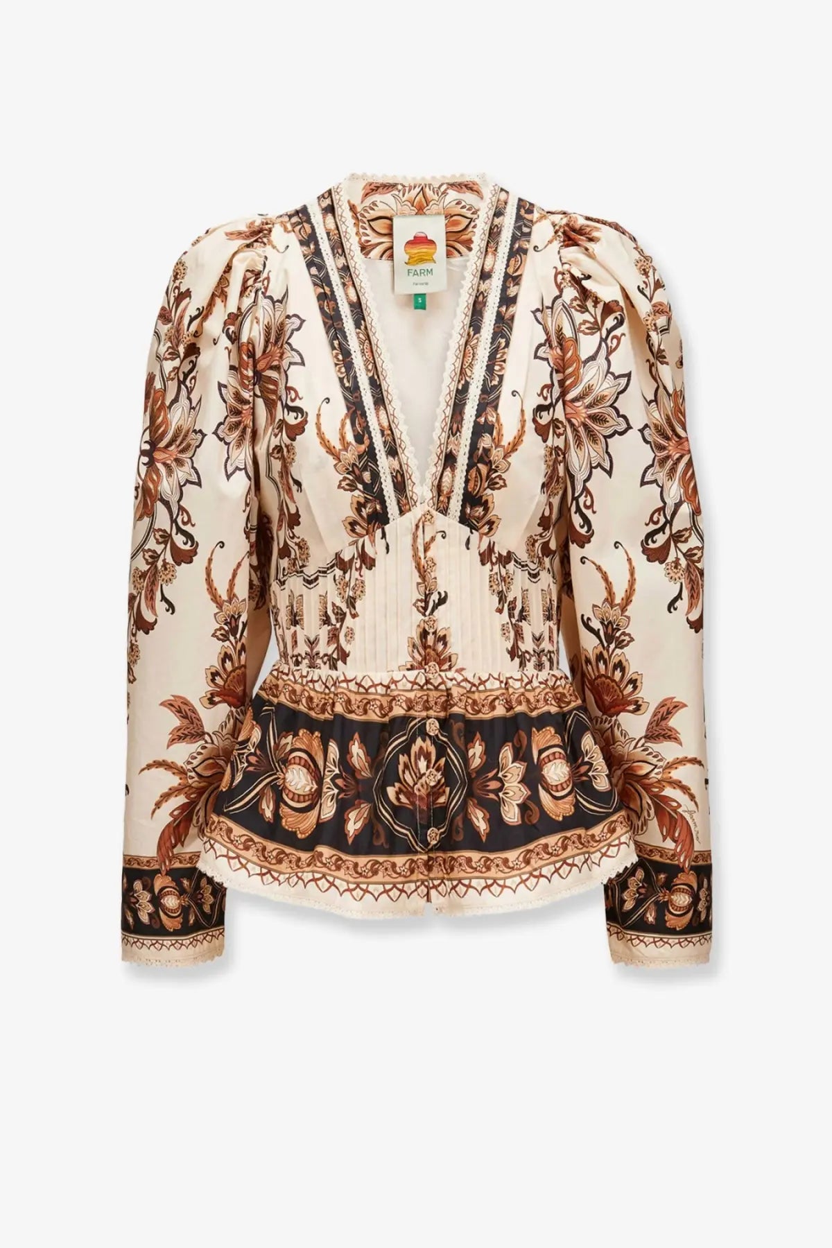 Farm rio women’s majestic organic cotton beige blouse with intricate brown and black floral embroidery