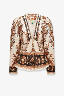 Farm rio women’s majestic organic cotton beige blouse with intricate brown and black floral embroidery