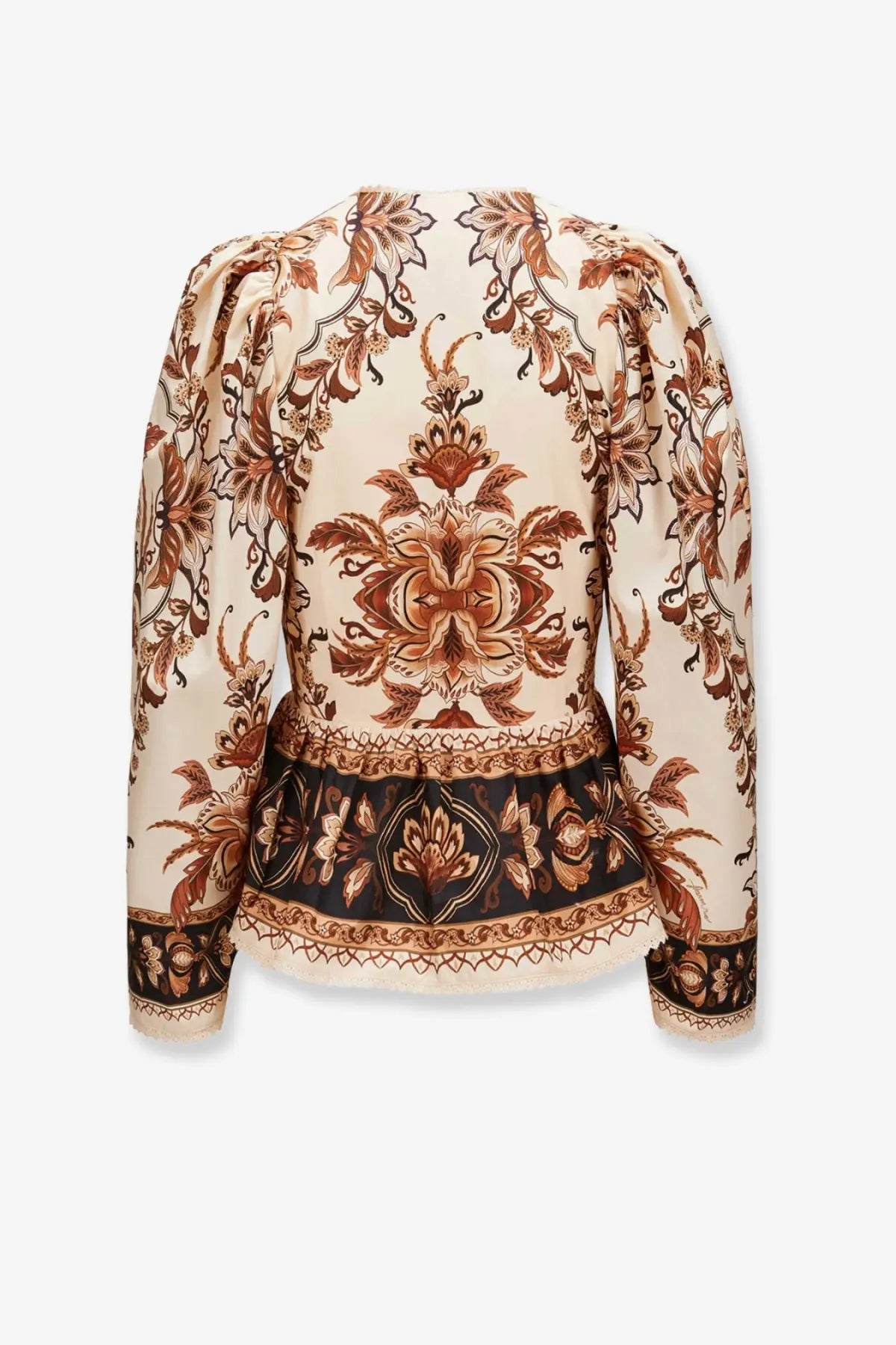Cream-colored silk blouse with intricate brown and black floral embroidery from FARM Rio Majestic organic cotton shirt beige collection