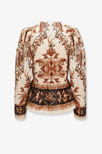 Cream-colored silk blouse with intricate brown and black floral embroidery from FARM Rio Majestic organic cotton shirt beige collection