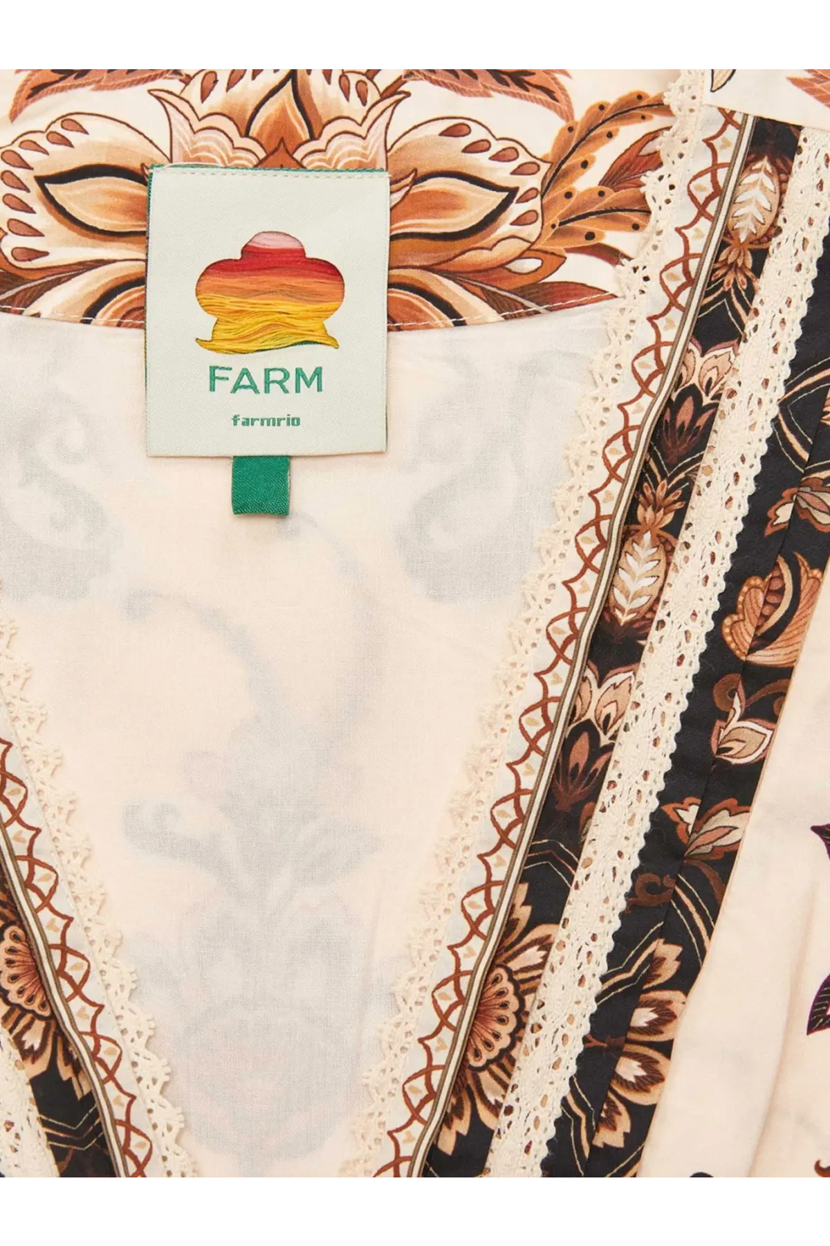 Farm rio women’s majestic organic cotton shirt beige cream-colored boho top with brown and black floral patterns and lace trim