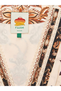 Farm rio women’s majestic organic cotton shirt beige cream-colored boho top with brown and black floral patterns and lace trim
