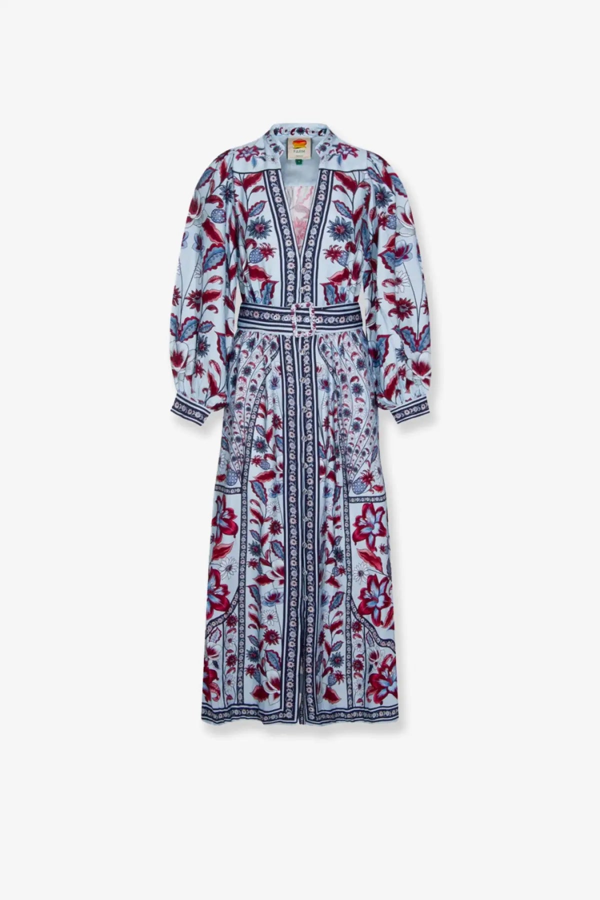 Farm Rio women’s Marcelle midi dress in light blue floral print with burgundy and navy accents and belted waist