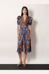 Farm Rio women’s ornament floral viscose midi dress blue with brown print puffed sleeves and v-neckline