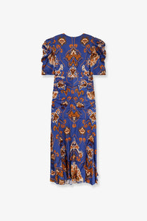 Farm Rio women’s ornament floral viscose midi dress blue with brown and white ornate pattern and ruffled short sleeves
