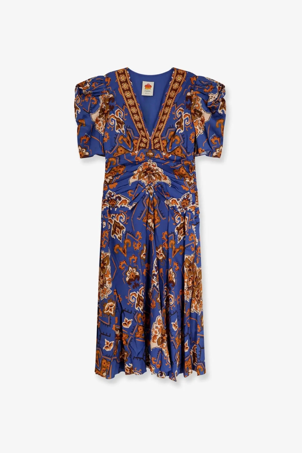 Farm rio women’s ornament floral viscose midi dress in blue with brown and white floral pattern puffed sleeves v-neckline