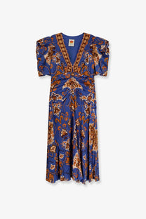 Farm rio women’s ornament floral viscose midi dress in blue with brown and white floral pattern puffed sleeves v-neckline