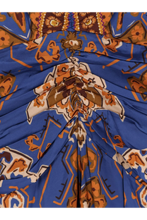 Farm Rio women’s ornament floral viscose midi dress blue with vibrant blue fabric and intricate orange beige geometric motifs