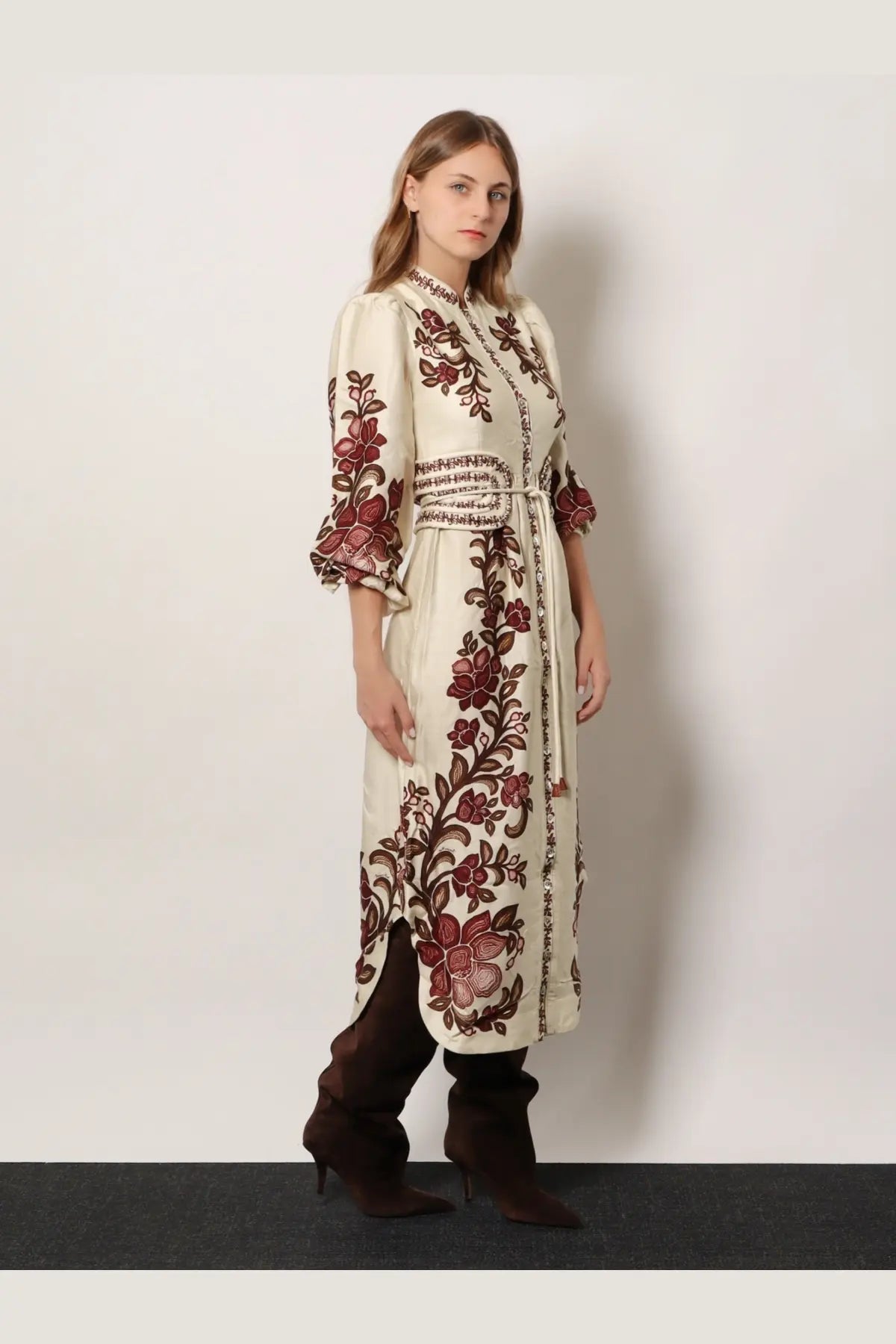 Farm Rio women’s Renata lyocell long dress beige with cream color, intricate burgundy floral embroidery, and belted waist