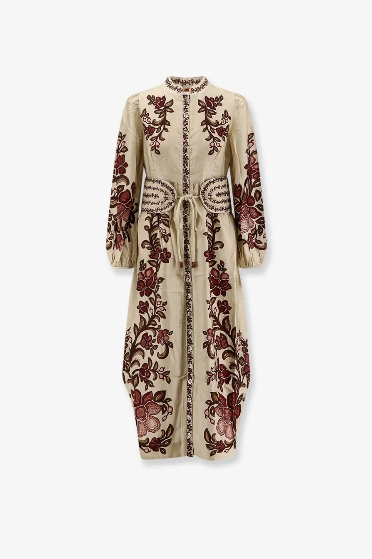 Beige embroidered floral farm rio women’s renata lyocell long dress with burgundy brown patterns belted waist and long sleeves