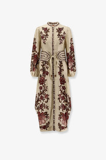 Beige embroidered floral farm rio women’s renata lyocell long dress with burgundy brown patterns belted waist and long sleeves