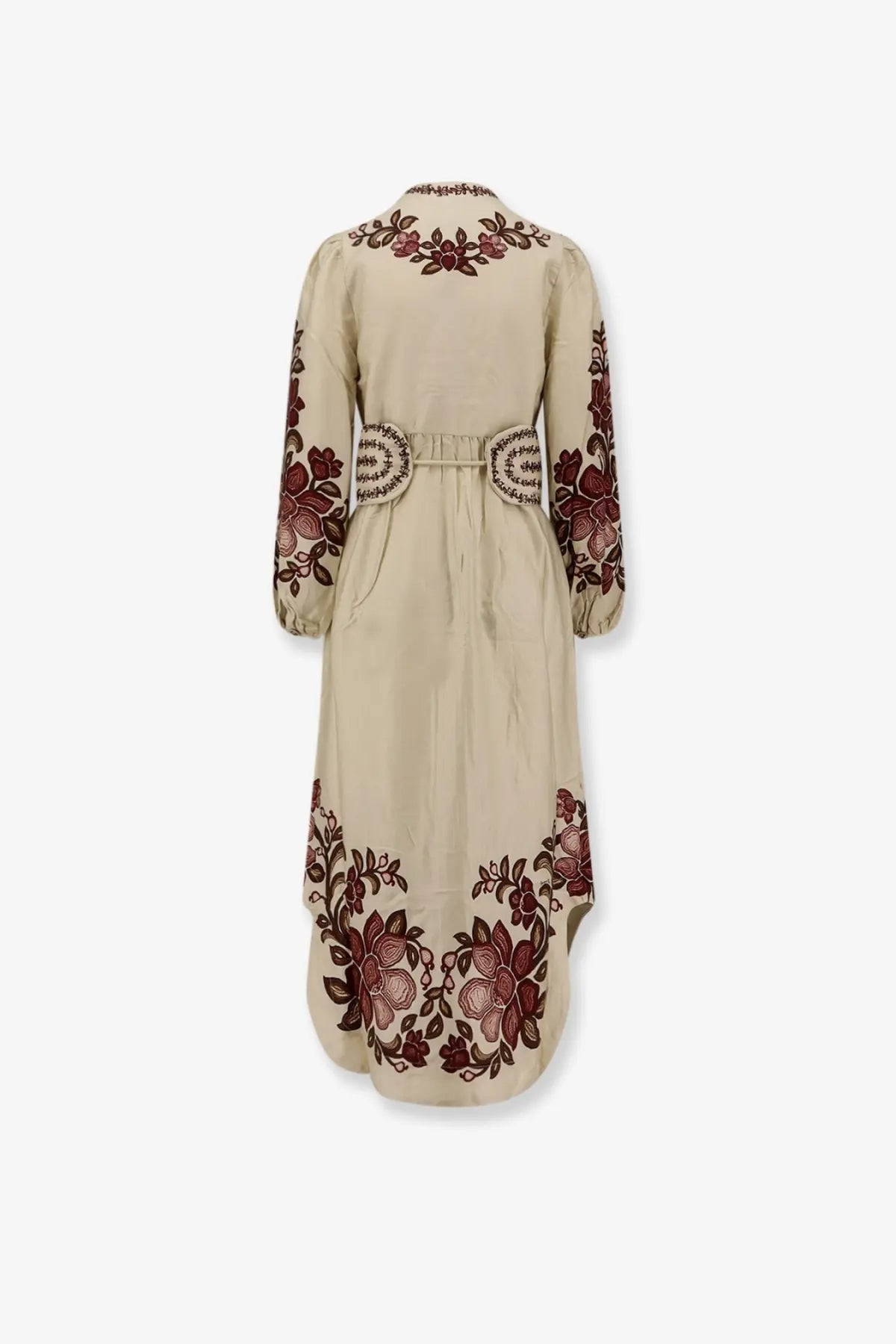 Beige farm rio women’s renata lyocell long dress with intricate burgundy floral embroidery on neckline sleeves and hem