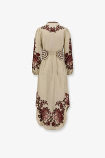 Beige farm rio women’s renata lyocell long dress with intricate burgundy floral embroidery on neckline sleeves and hem