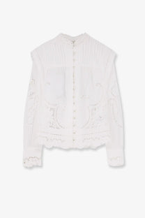 Farm rio women’s richilieu white organic cotton blouse with delicate floral embroidery and ruffled cuffs