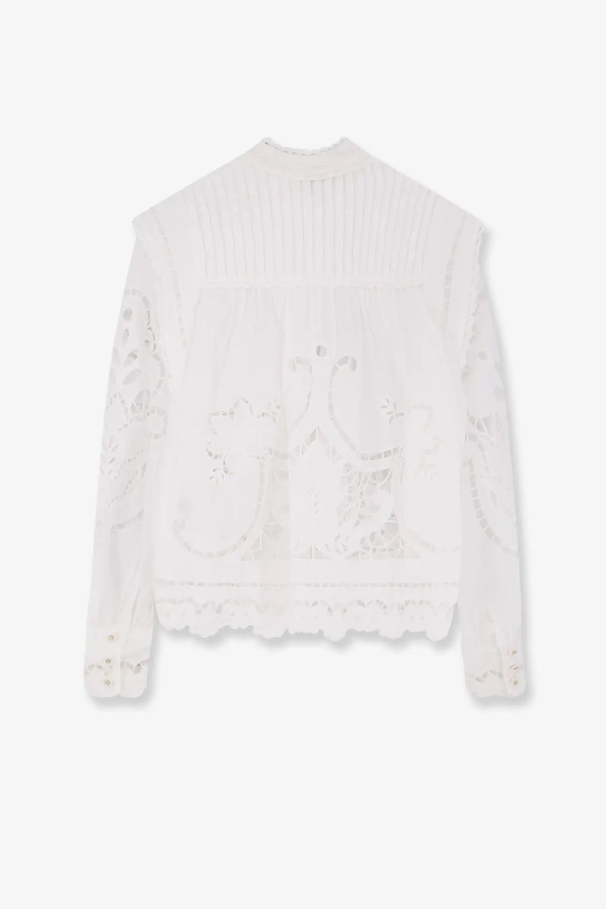 White lace blouse with delicate floral embroidery and ruffled hem made of organic cotton by FARM Rio