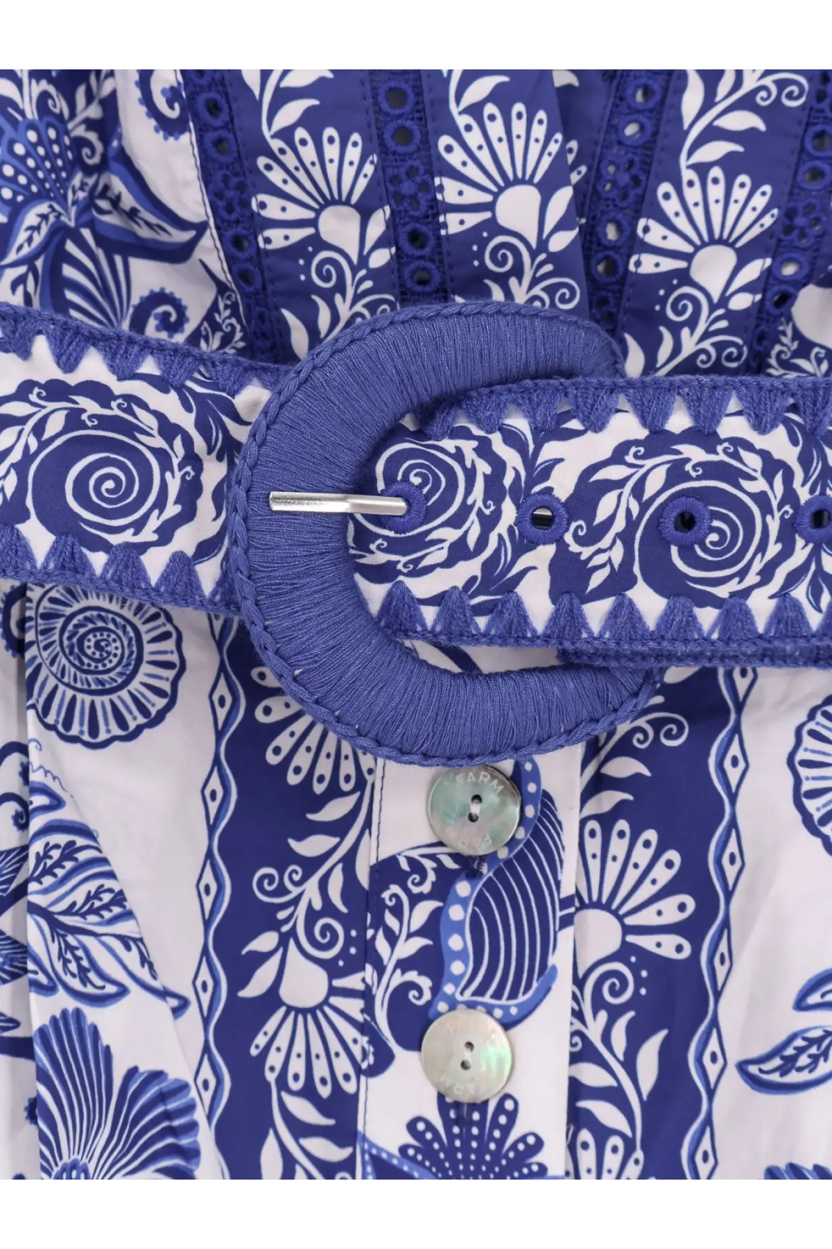 Farm rio women’s shell garden cotton jumpsuit white with blue embroidered belt and matching fabric buckle details