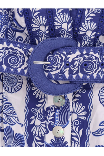 Farm rio women’s shell garden cotton jumpsuit white with blue embroidered belt and matching fabric buckle details
