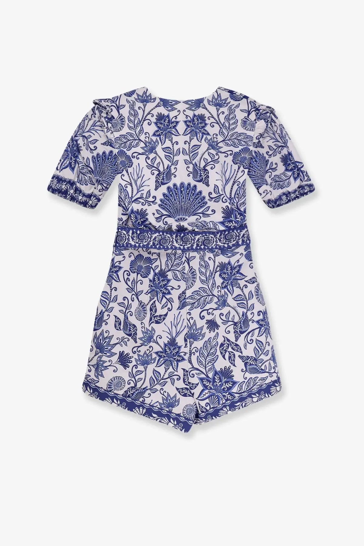 Farm Rio women’s shell garden cotton jumpsuit white with blue floral pattern short sleeves ruffled cuffs and scalloped hem