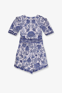 Farm Rio women’s shell garden cotton jumpsuit white with blue floral pattern short sleeves ruffled cuffs and scalloped hem