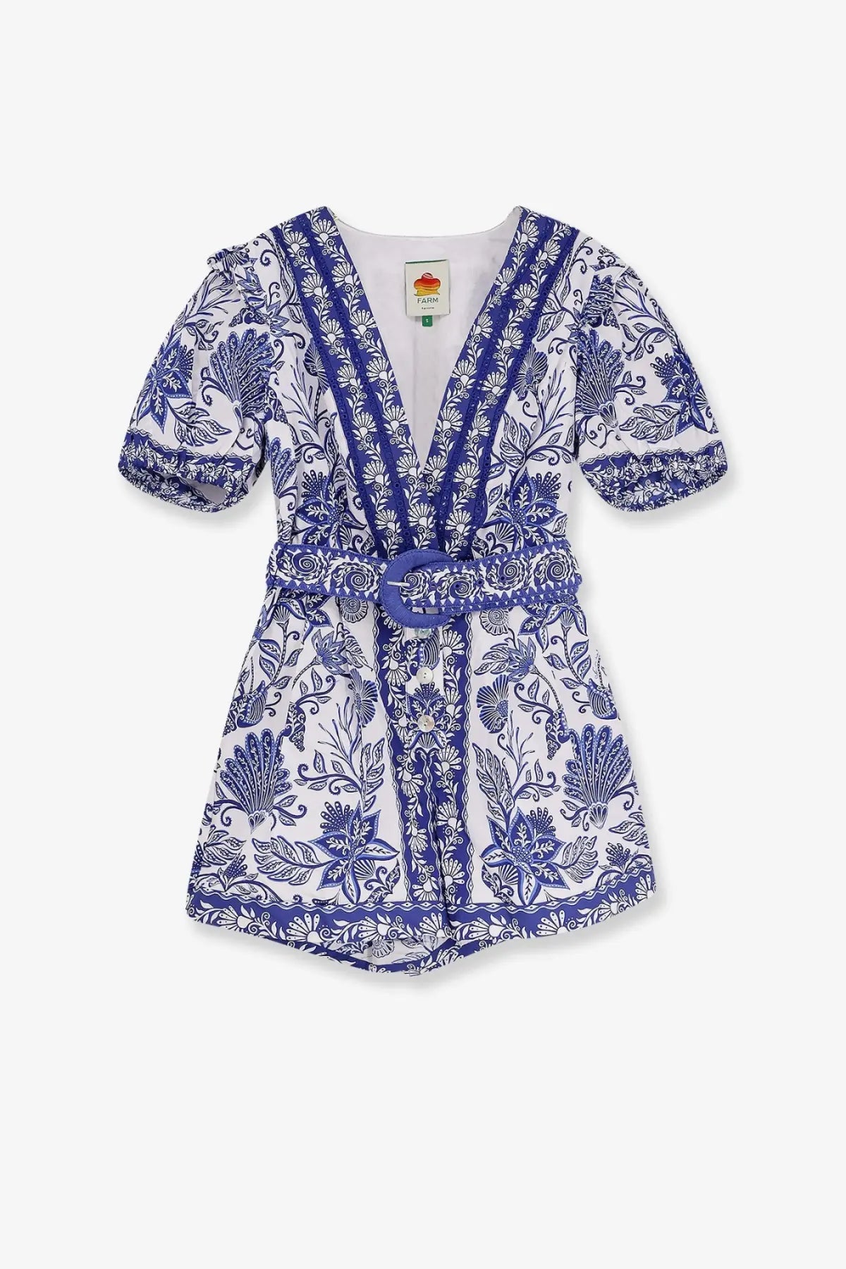 Farm rio women’s shell garden cotton jumpsuit white with blue floral print, short puffed sleeves, v-neckline, and belt
