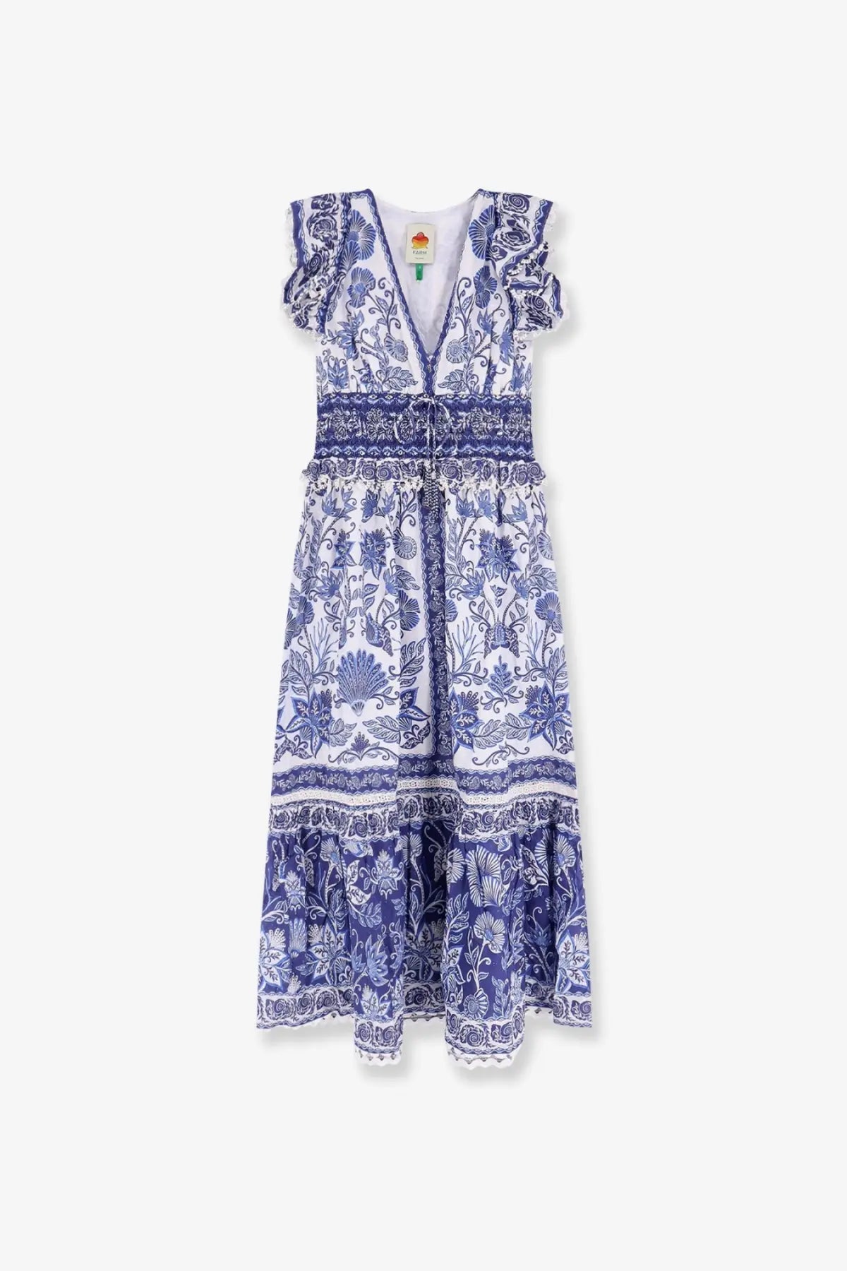 Farm Rio women’s shell garden cotton long dress white featuring a white and blue floral print with ruffled sleeves