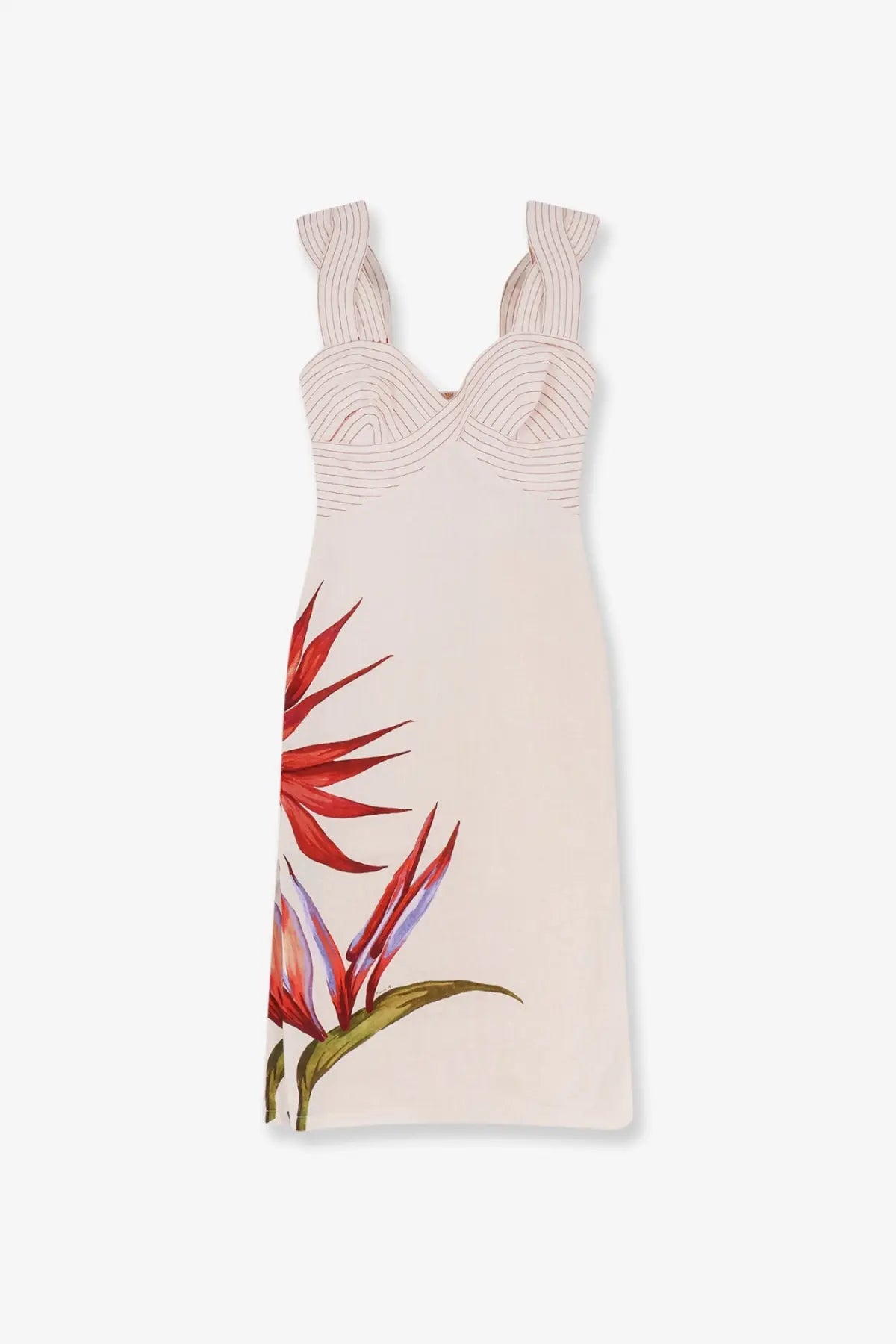 Farm Rio women’s strelizia linen dress beige with a bold tropical bird of paradise print in red purple and green on the side