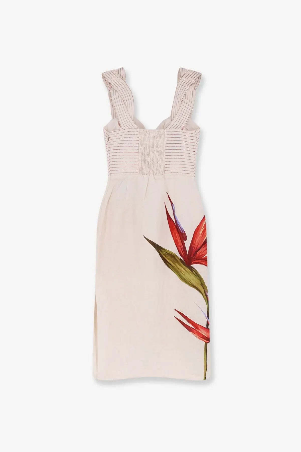 Farm rio women’s strelizia linen dress beige with smocked bodice thin striped straps and red green bird of paradise print