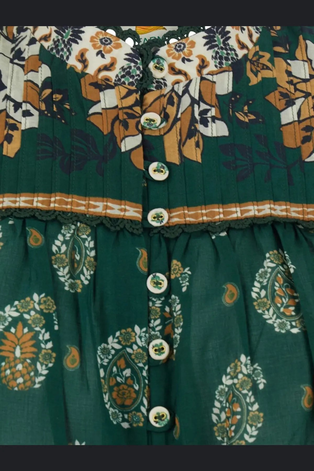 Farm rio womens tayla cotton shirt green featuring a green floral dress pattern with matching decorative buttons