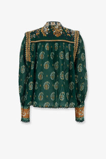 Farm Rio women’s Tayla cotton shirt green with emerald green sheer fabric and gold cream paisley embroidery details