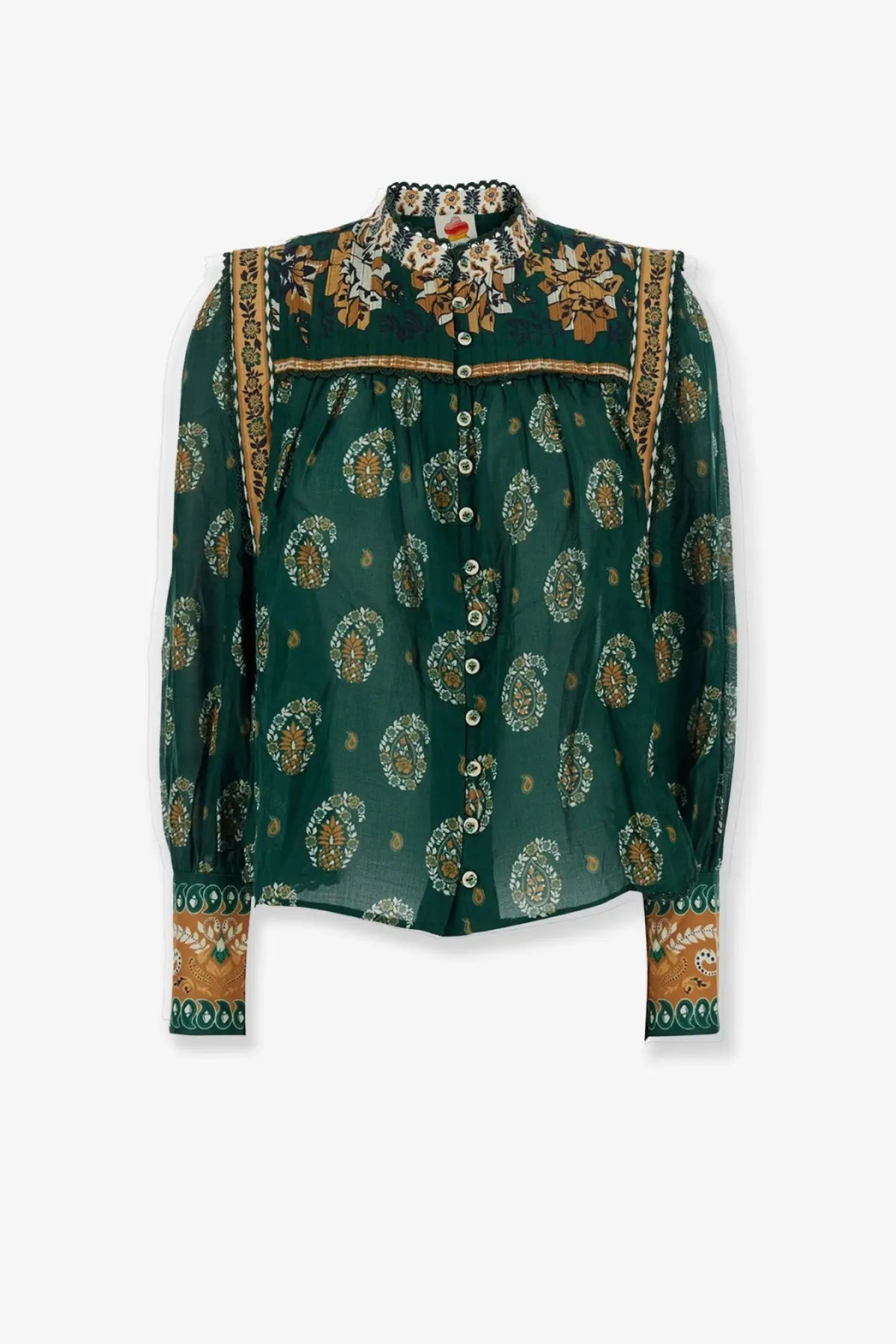 Farm Rio women’s Tayla cotton shirt green with emerald sheer fabric and gold white floral embroidery on collar cuffs front