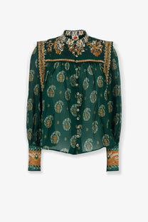 Farm Rio women’s Tayla cotton shirt green with emerald sheer fabric and gold white floral embroidery on collar cuffs front