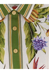 Farm rio women’s tropical linen and viscose beige white button-up shirt with vibrant green leaves purple flowers and vertical stripes