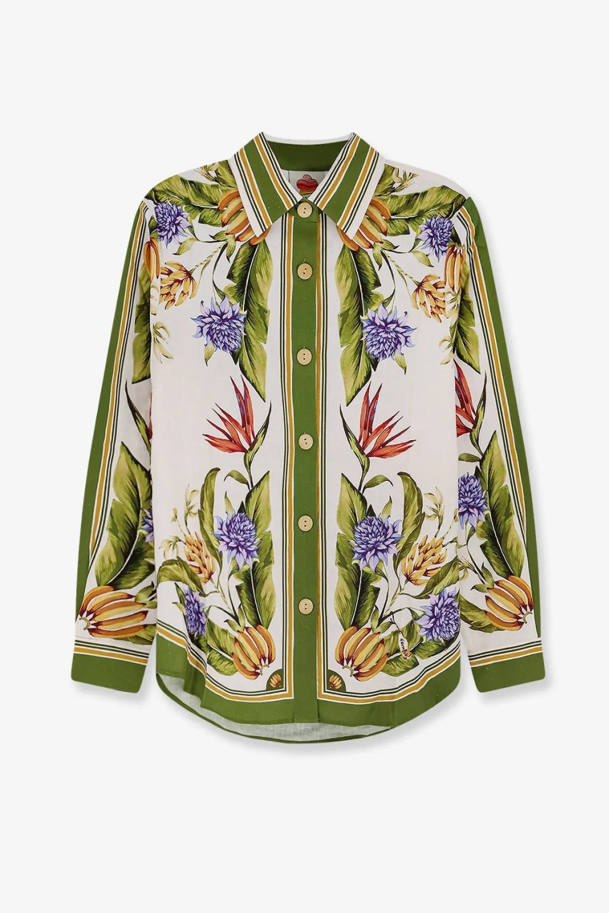 Farm Rio women’s tropical linen and viscose beige blouse with vibrant floral pattern and olive-green trim details
