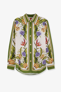 Farm Rio women’s tropical linen and viscose beige blouse with vibrant floral pattern and olive-green trim details