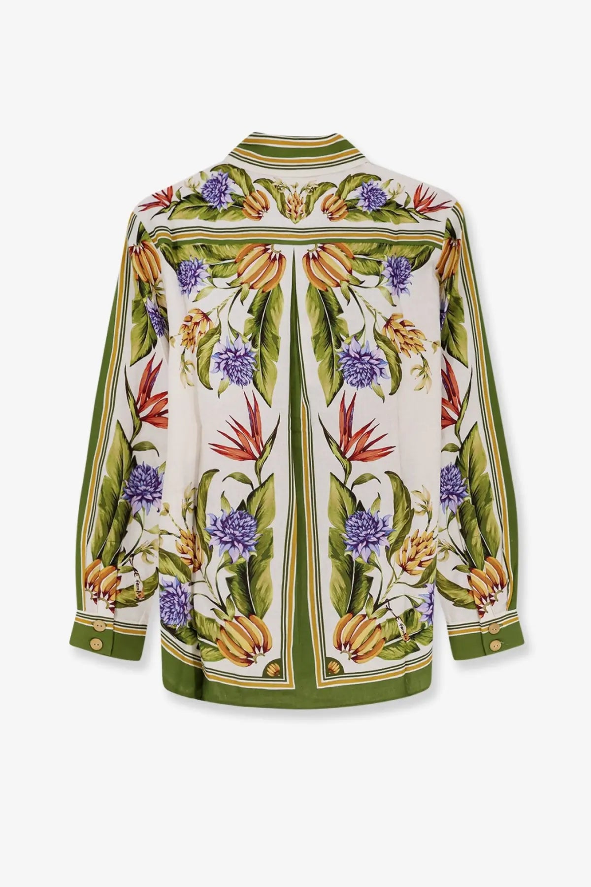 Farm rio women’s tropical linen and viscose beige blouse in cream silk with vibrant purple orange and green floral pattern