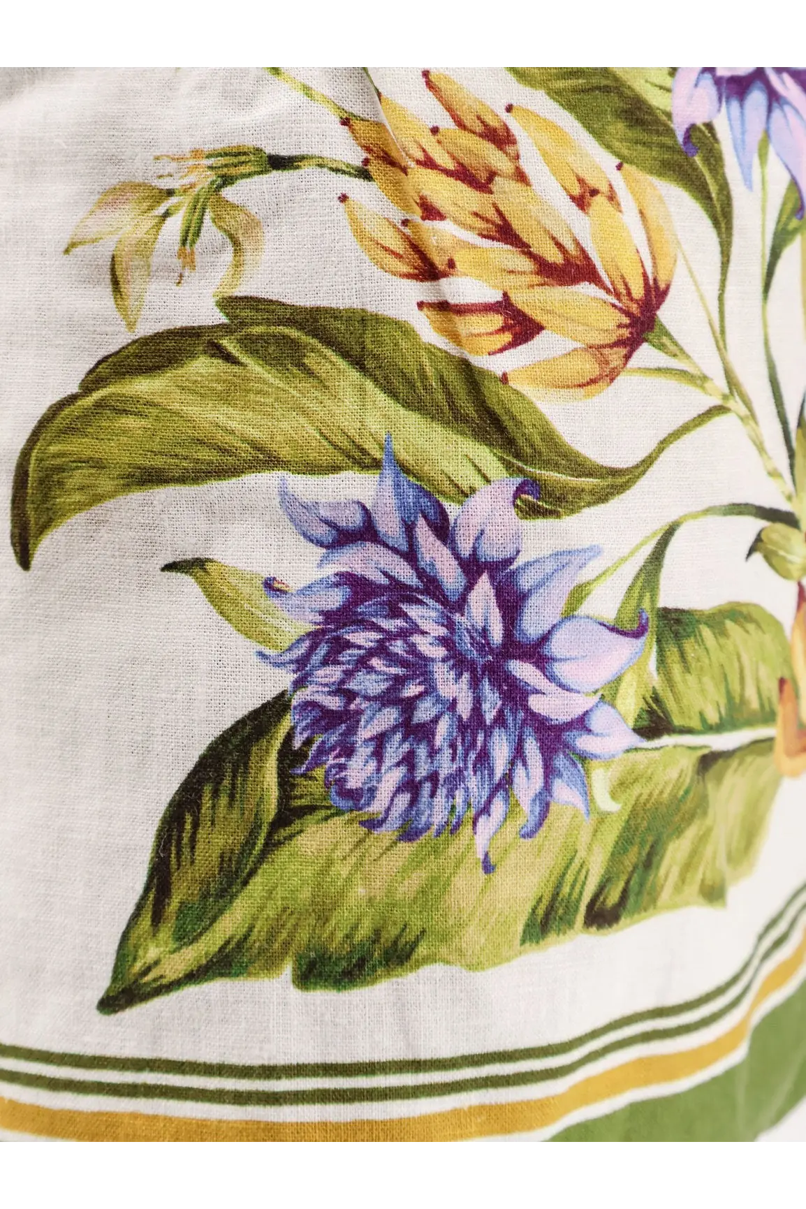 Farm rio women’s tropical scarf in white linen and viscose with vibrant purple yellow flowers and olive mustard borders