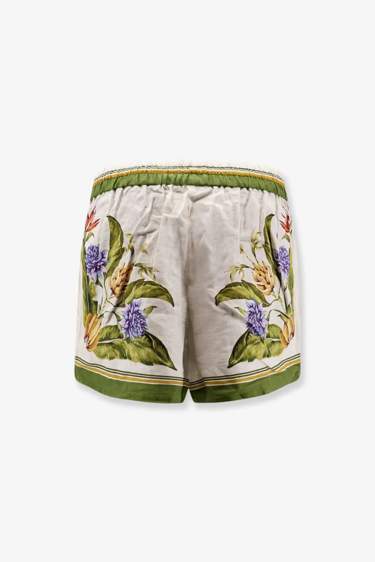 Farm rio women’s tropical scarf linen and viscose beige shorts with white vibrant floral embroidery and olive-green trim