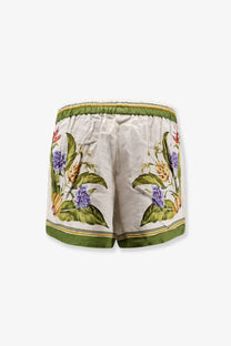 Farm rio women’s tropical scarf linen and viscose beige shorts with white vibrant floral embroidery and olive-green trim