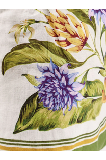 Farm rio women’s white linen and viscose scarf with vibrant purple and yellow floral print and olive mustard striped borders