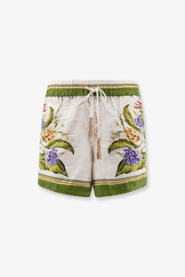 Farm rio women’s tropical scarf linen and viscose white shorts with vibrant purple yellow green floral pattern and olive trim